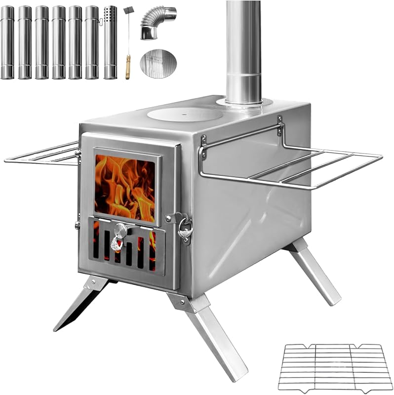 Hot Tent Wood Stove with Chimney Pipe, Stainless Steel Tent Heater for